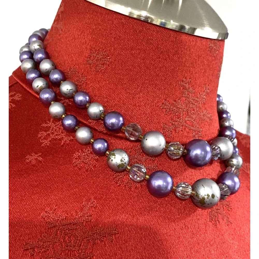 Vintage Mid Century Two Strand Choker Necklace Purple Gray Beaded Signed Japan